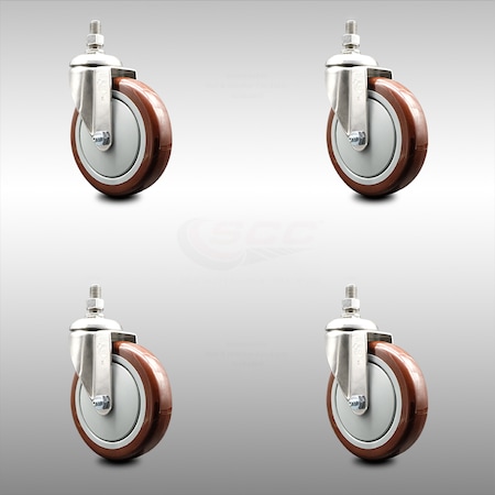 Service Caster 5 Inch 316SS Maroon Polyurethane Wheel Swivel 12mm Threaded Stem Caster Set SCC-SS316TS20S514-PPUB-MRN-M1215-4